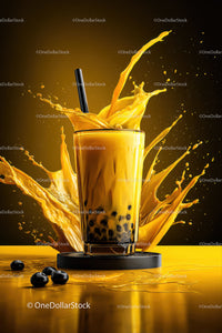 Vibrant Bubble Tea with Tapioca Pearls and Splash Effect
