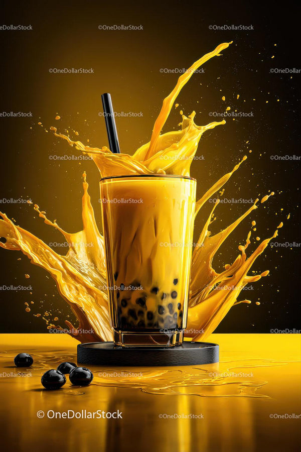 Vibrant Bubble Tea with Tapioca Pearls and Splash Effect