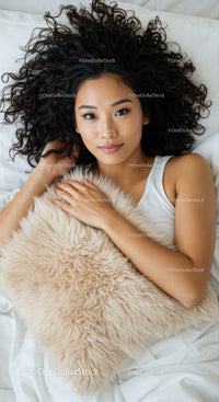 Relaxed young woman lying down with cozy fluffy pillow