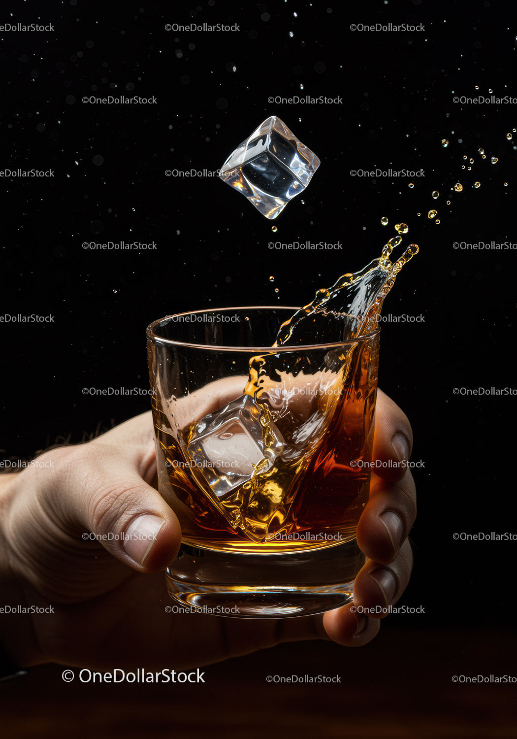 Hand Holding Glass of Whiskey with Ice Splashing