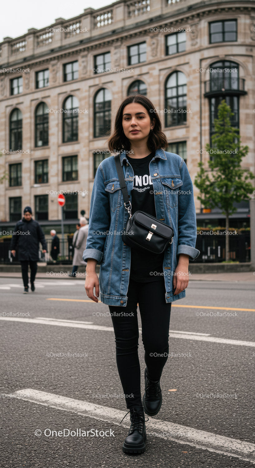 Young Woman Walking in Casual Outfits on City Street