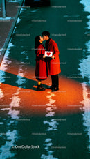 Couple Sharing a Kiss Holding Heart Sign Outdoors