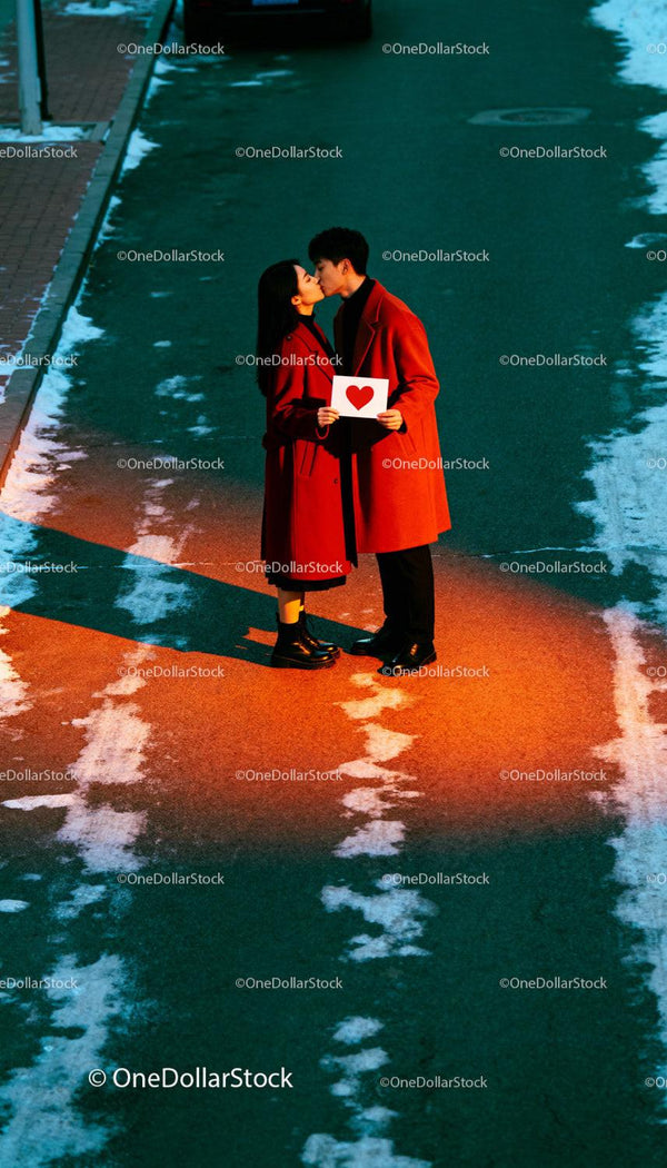 Couple Sharing a Kiss Holding Heart Sign Outdoors