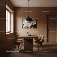 Modern Wooden Dining Room with Minimalist Decor and Pendant Light