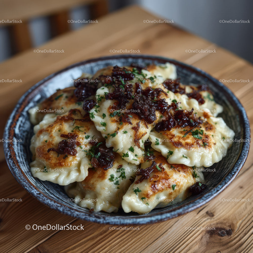 Chrupiące smażone pierożki gyoza z ciemnym sosem sojowym na drewnianym stole