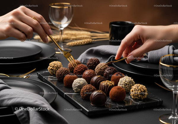 Assorted Gourmet Chocolate Truffles on Black Marble Serving Board for Elegant Desserts