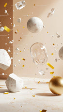 Abstract Composition of Floating Spheres and Crystals with Gold Accents