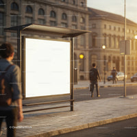 Empty urban bus stop billboard at golden hour