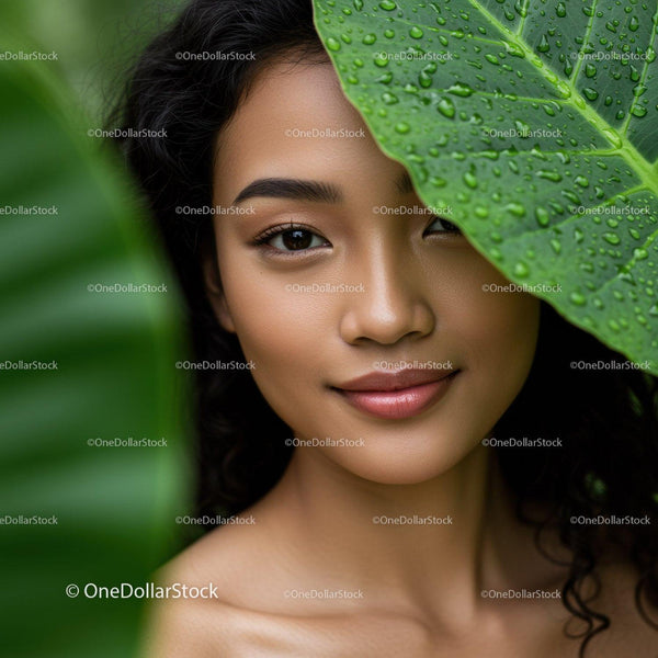 Beautiful Woman Peeking Through Tropical Green Leaves For Natural Beauty