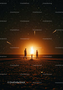 Family Gathering Around Bonfire Under Shooting Stars