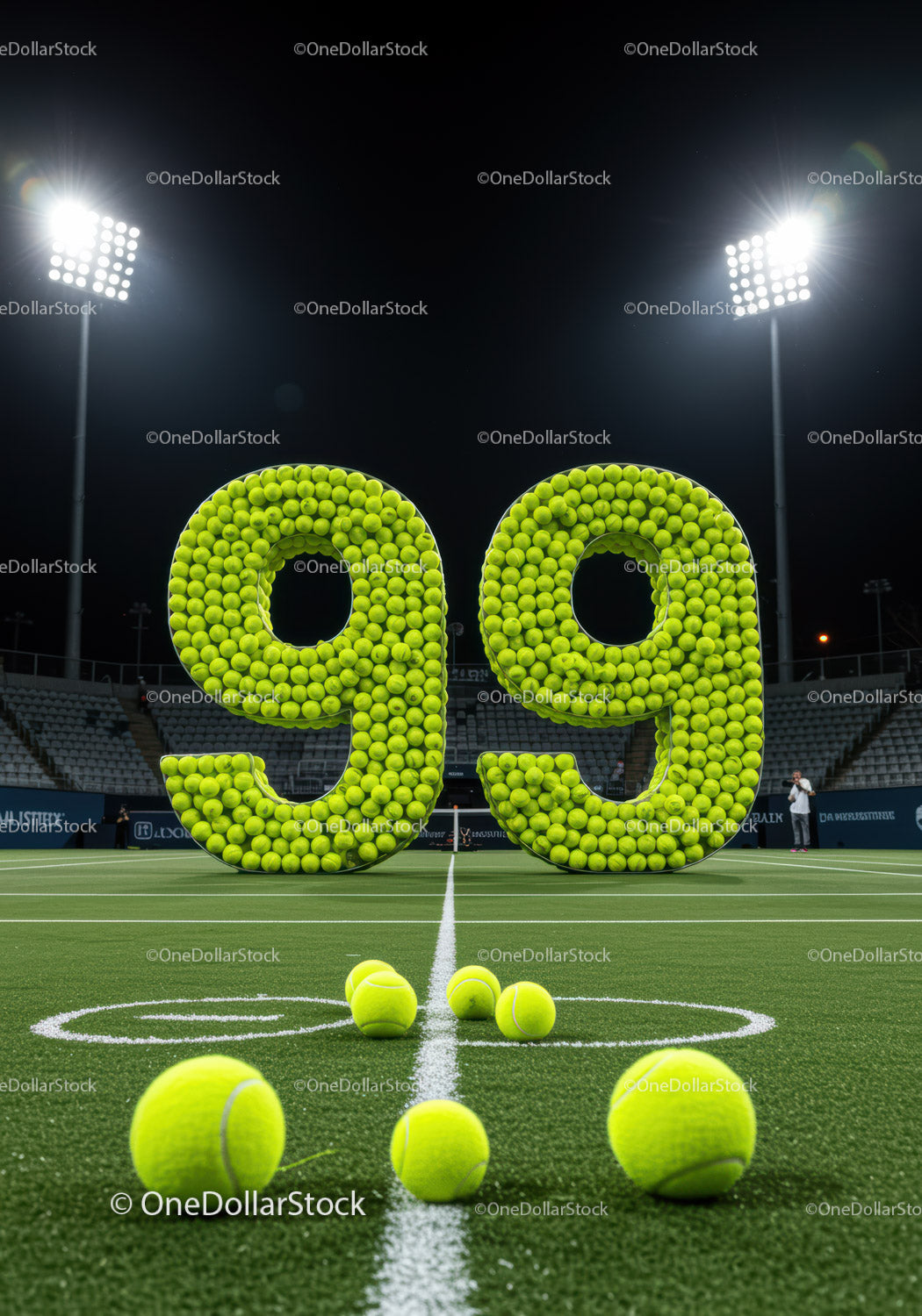 Large number 99 composed of tennis balls on court