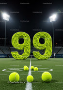 Large number 99 composed of tennis balls on court