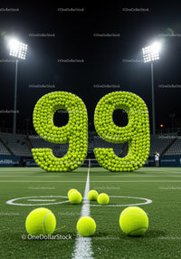 Large number 99 composed of tennis balls on court