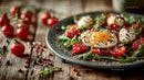 Vibrant Cherry Tomato and Poached Egg Salad on Rustic Wooden Table
