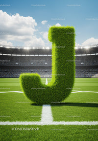 Grass covered letter J on football field in stadium