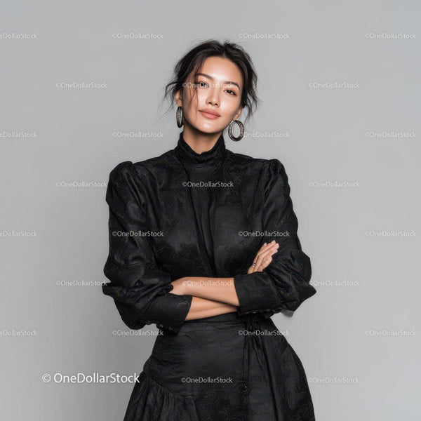Elegant Woman in Black Dress Standing Confidently Against Grey Background