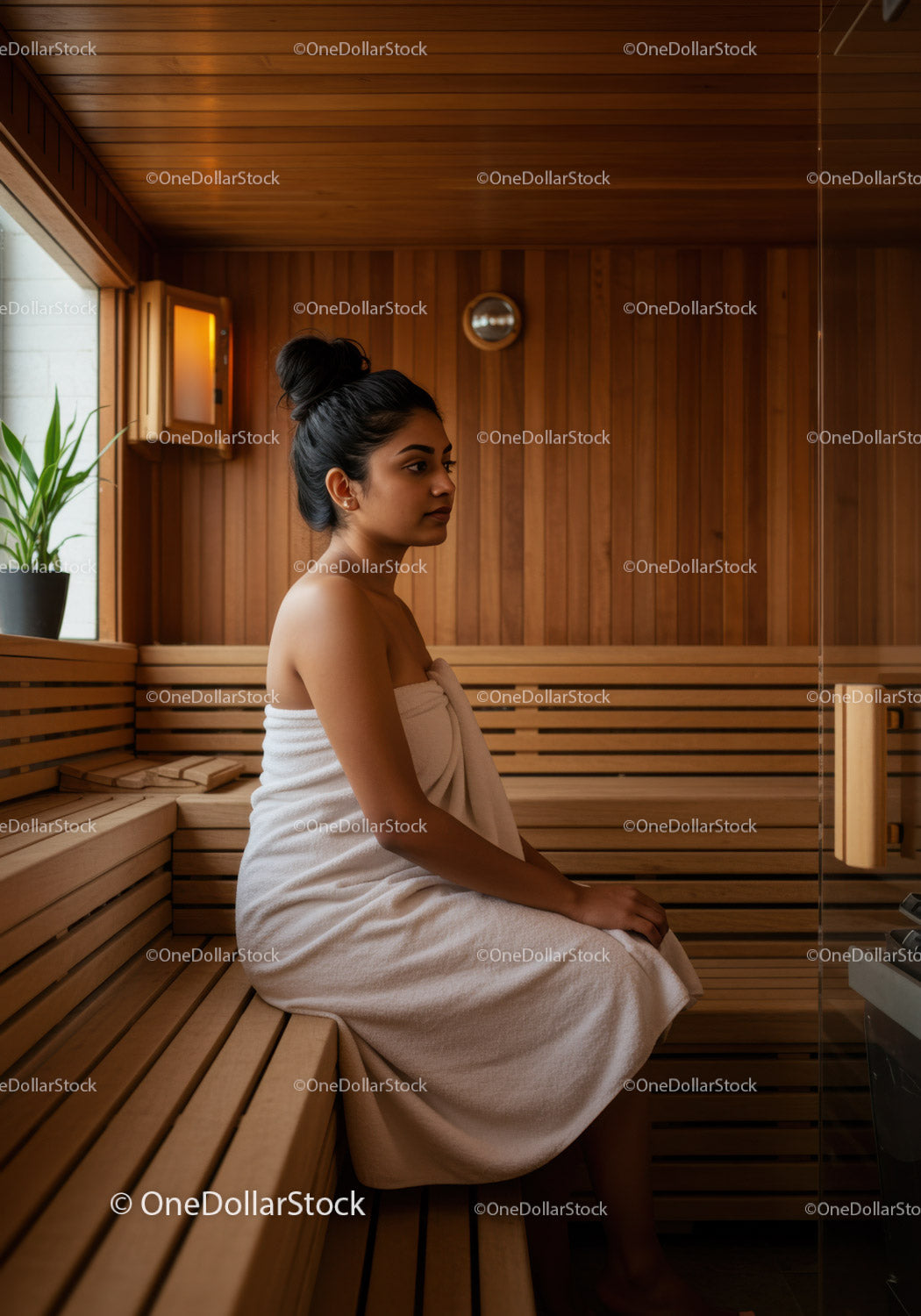 Relaxing Woman Sitting in Sauna With Wooden Interior and Peaceful Atmosphere