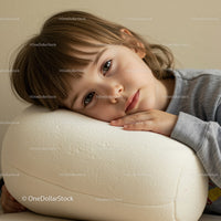Thoughtful child resting head on cushion indoors