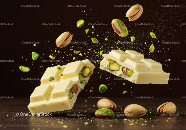 White chocolate bar with whole and chopped pistachios
