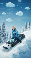 Happy Child Sledding on Giant USB Drive in Snowy Forest