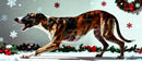 Playful brindle dog in festive winter holiday scene