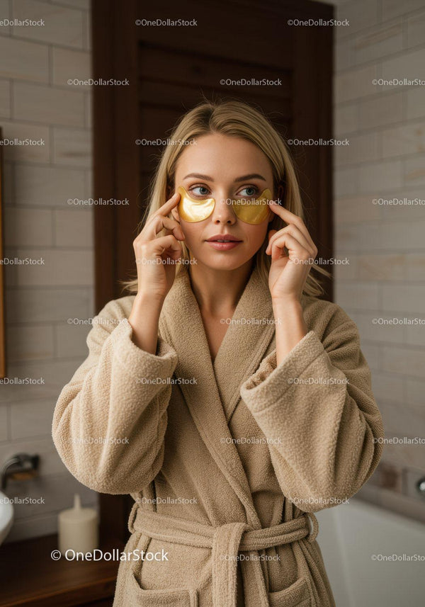Młoda kobieta relaksująca się z złotymi płatkami pod oczy w przytulnym spa