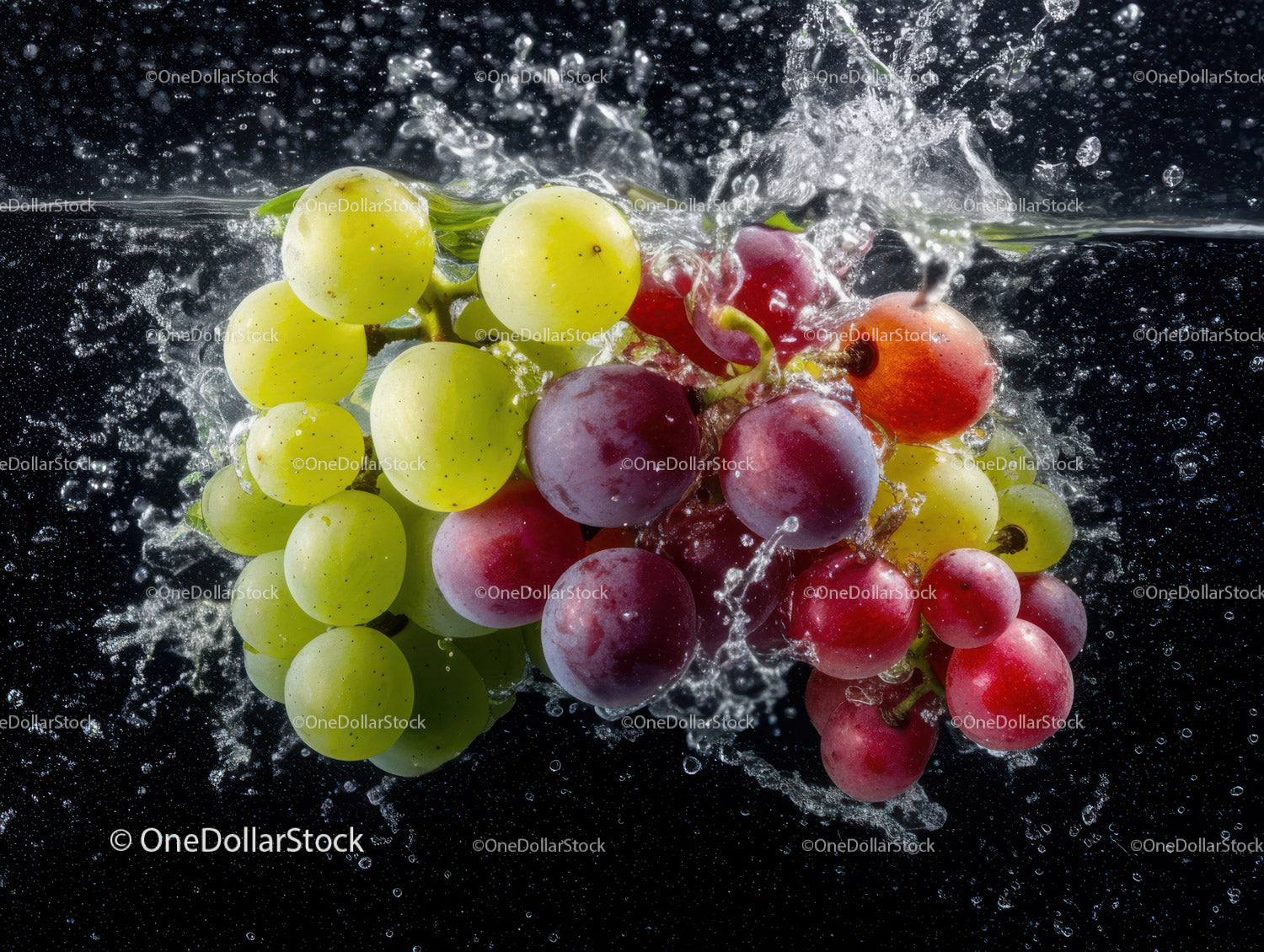 Fresh Bunch of Fruit Grapes Under Water Splash