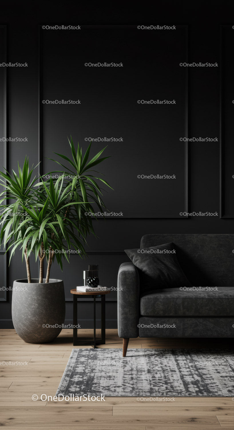 Elegancki, nowoczesny salon z czarną ścianą i zieloną rośliną doniczkową