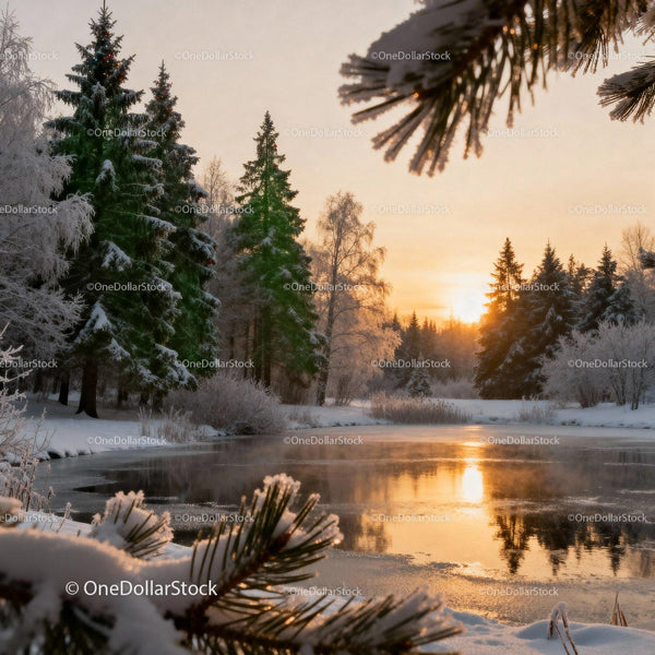 Winter Sunrise Over Frozen Lake in Pine Forest