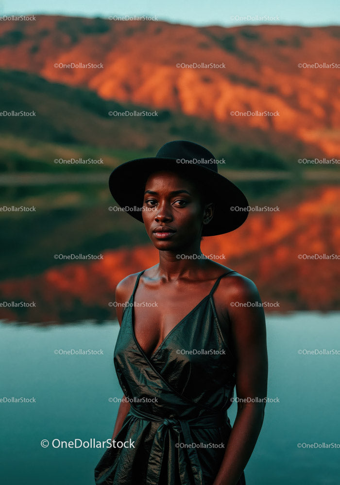 Elegant Woman in Black Dress and Wide-Brim Hat by Sunset Lake