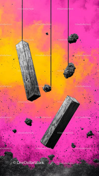 Colorful Abstract Art with Wooden Blocks and Black Dirt Particles