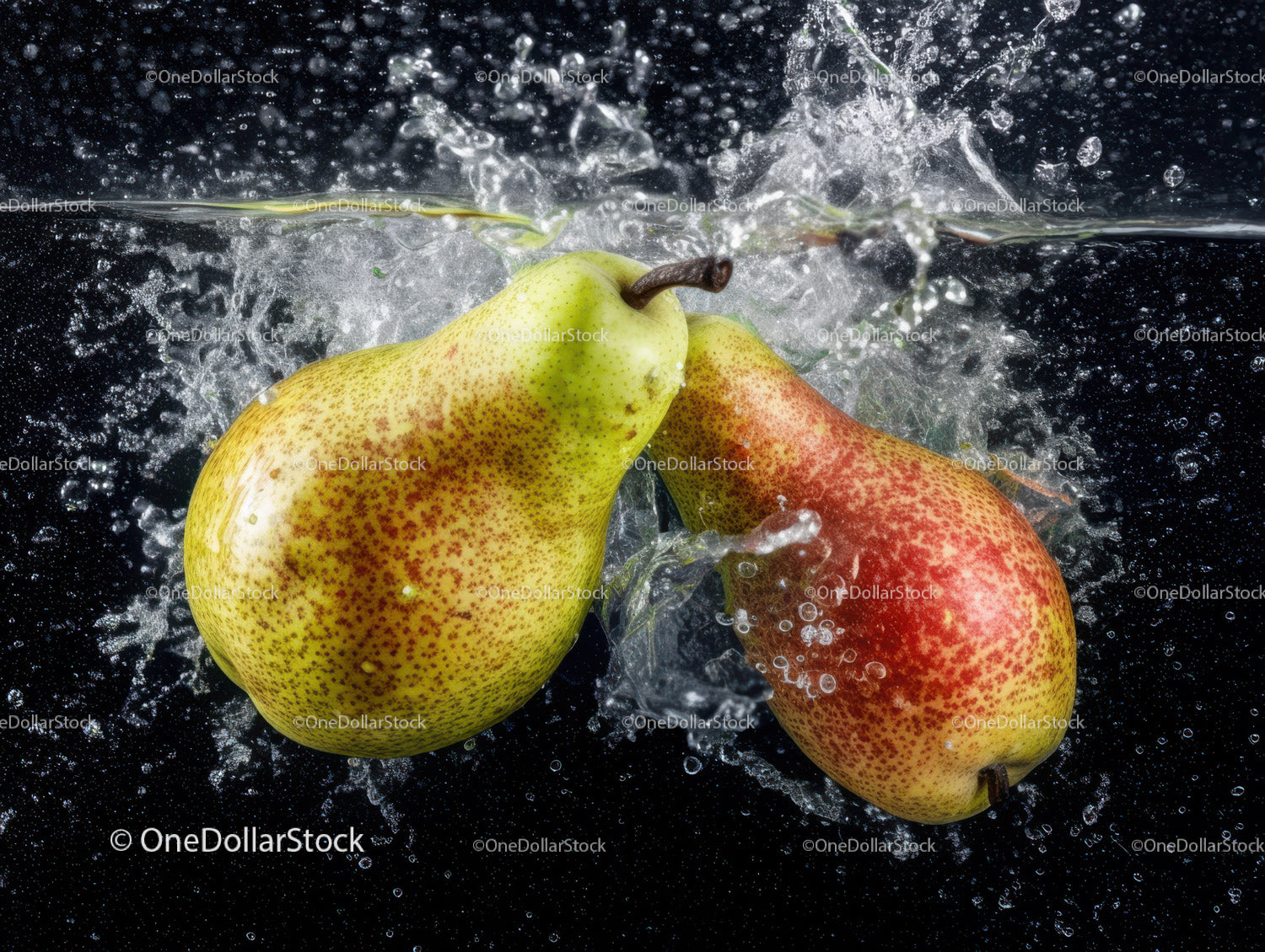 Fresh Green and Red Pears Splashing into Water in a Dynamic Scene