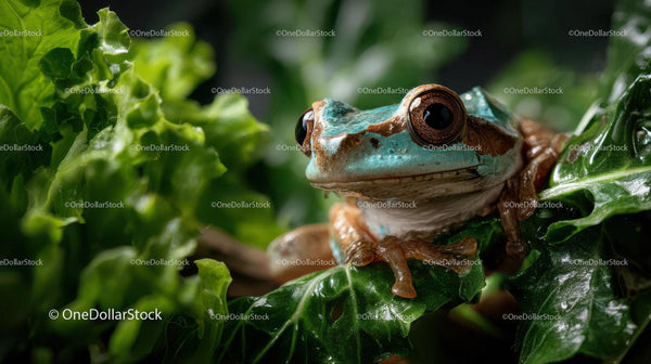 Colorful Frog on Lush Green Leaves in Tropical Jungle