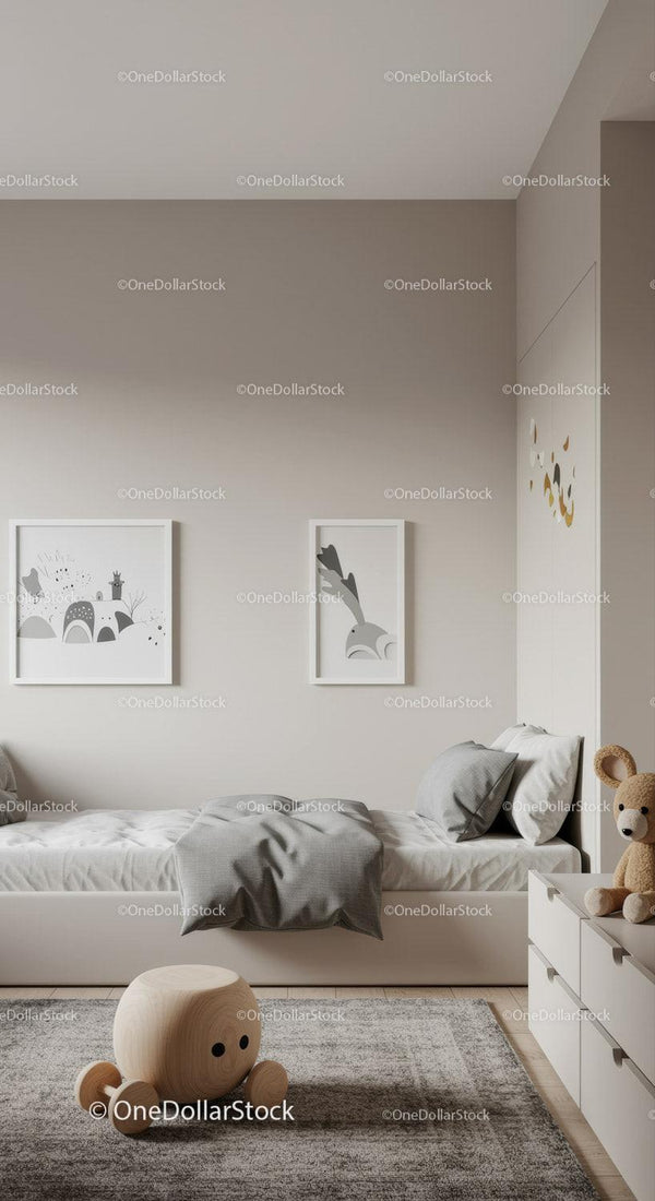Children's Bedroom with Minimalist Decor and Wooden Toy Car