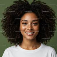 Smiling Woman with Curly Hair and Freckles in Bright Indoor Setting