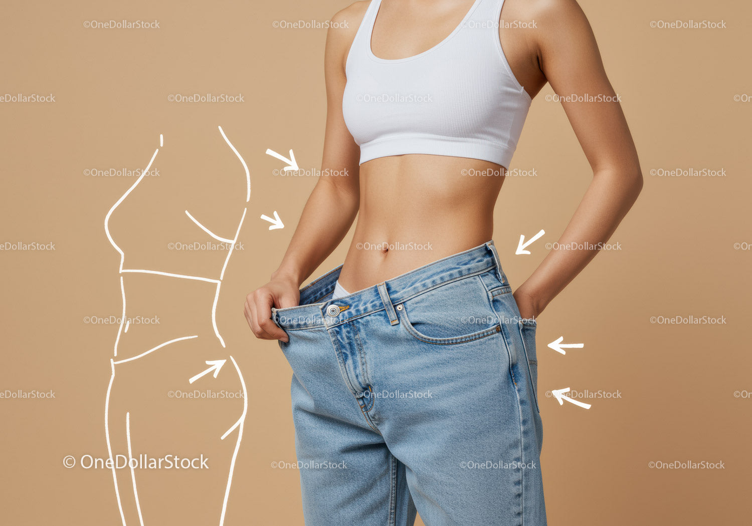 Fit Woman in White Crop Top and Loose Blue Jeans Showing Waist