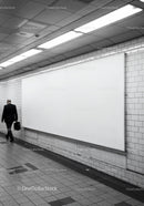 Modern Subway Tunnel with White Billboard and Tiled Walls