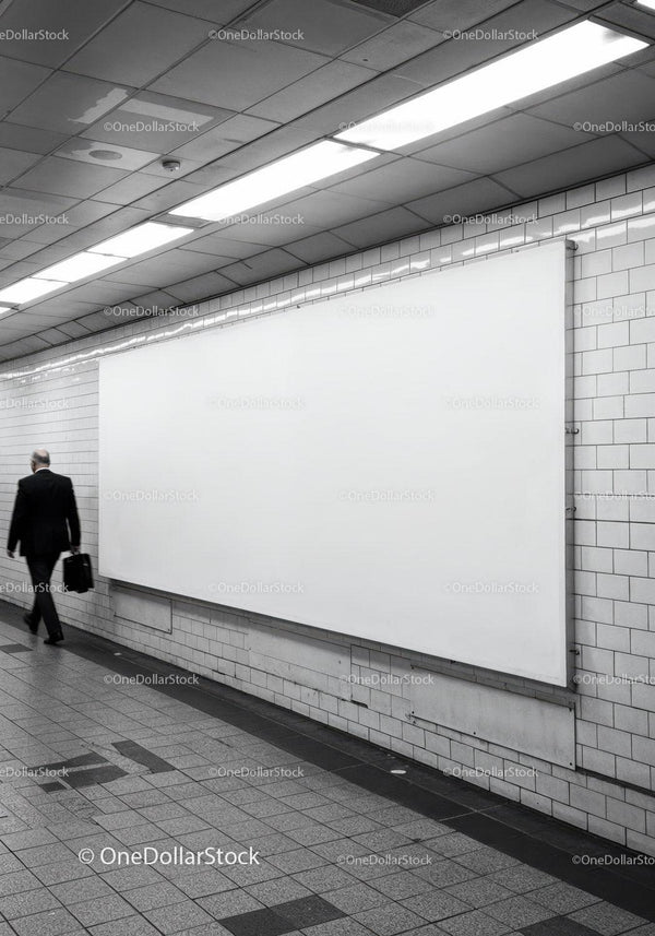 Modern Subway Tunnel with White Billboard and Tiled Walls JPG Mockup Image