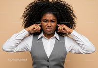 Frustrated Woman Covering Ears with Annoyed Expression