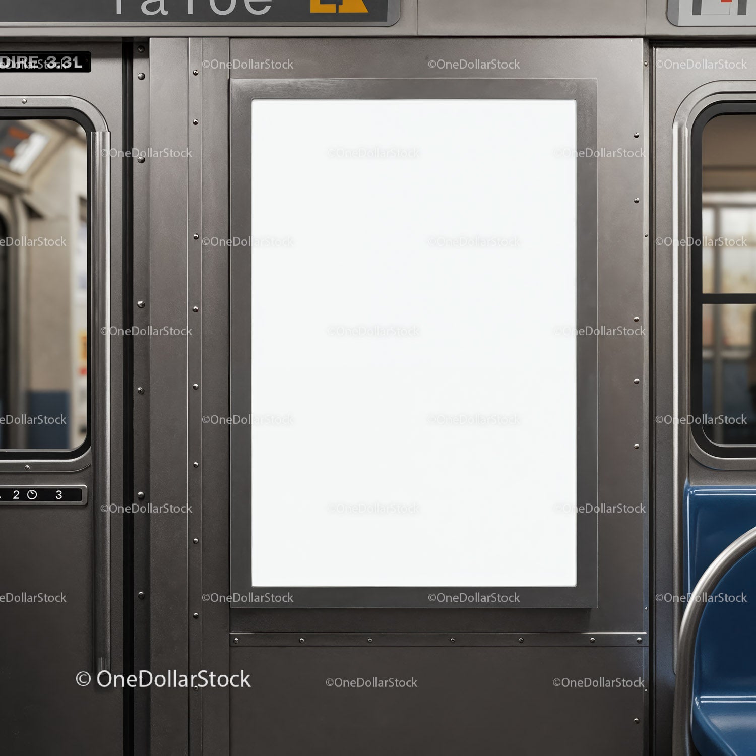 Blank advertising poster inside subway train car