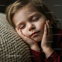 Peaceful child resting with hands on cheeks