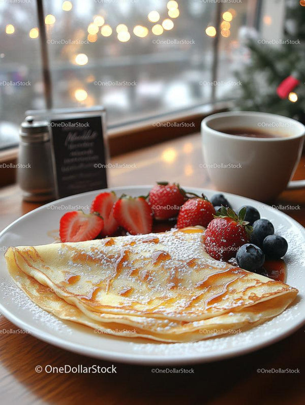 Sweet Pancakes with Fresh Berries and Warm Drink in Cozy Cafe