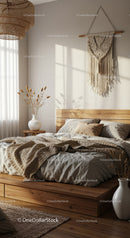Cozy bedroom with natural textures and warm light