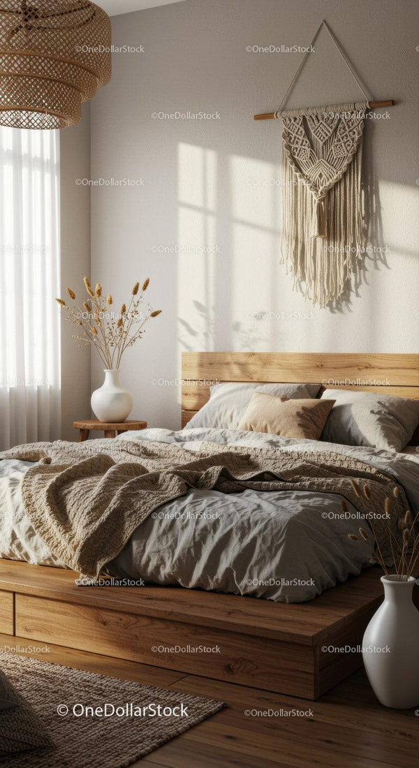 Cozy bedroom with natural textures and warm light
