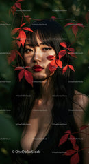 Elegant Woman with Red Lips in Botanical Foliage Outdoors