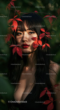 Elegant Woman with Red Lips in Botanical Foliage Outdoors