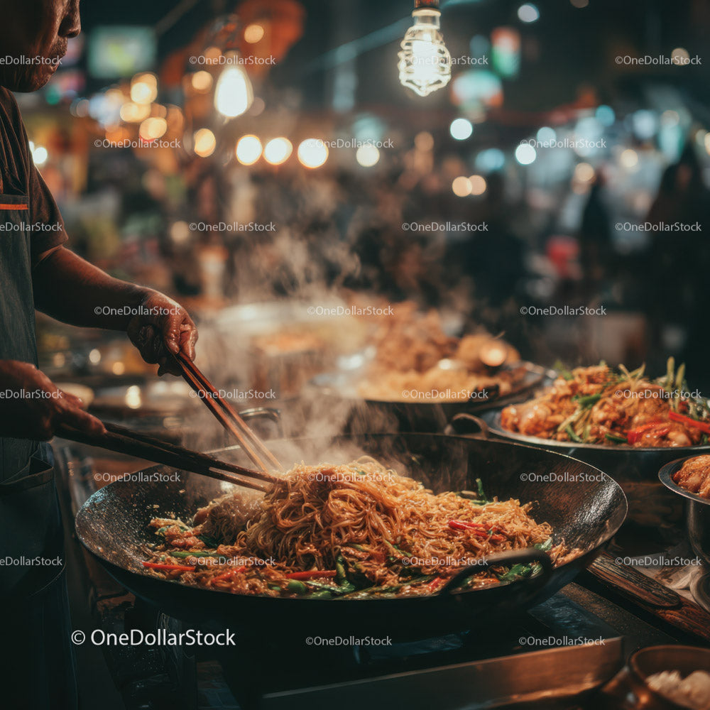 Night Market Wok Cooking with Steaming Noodles and Vegetables