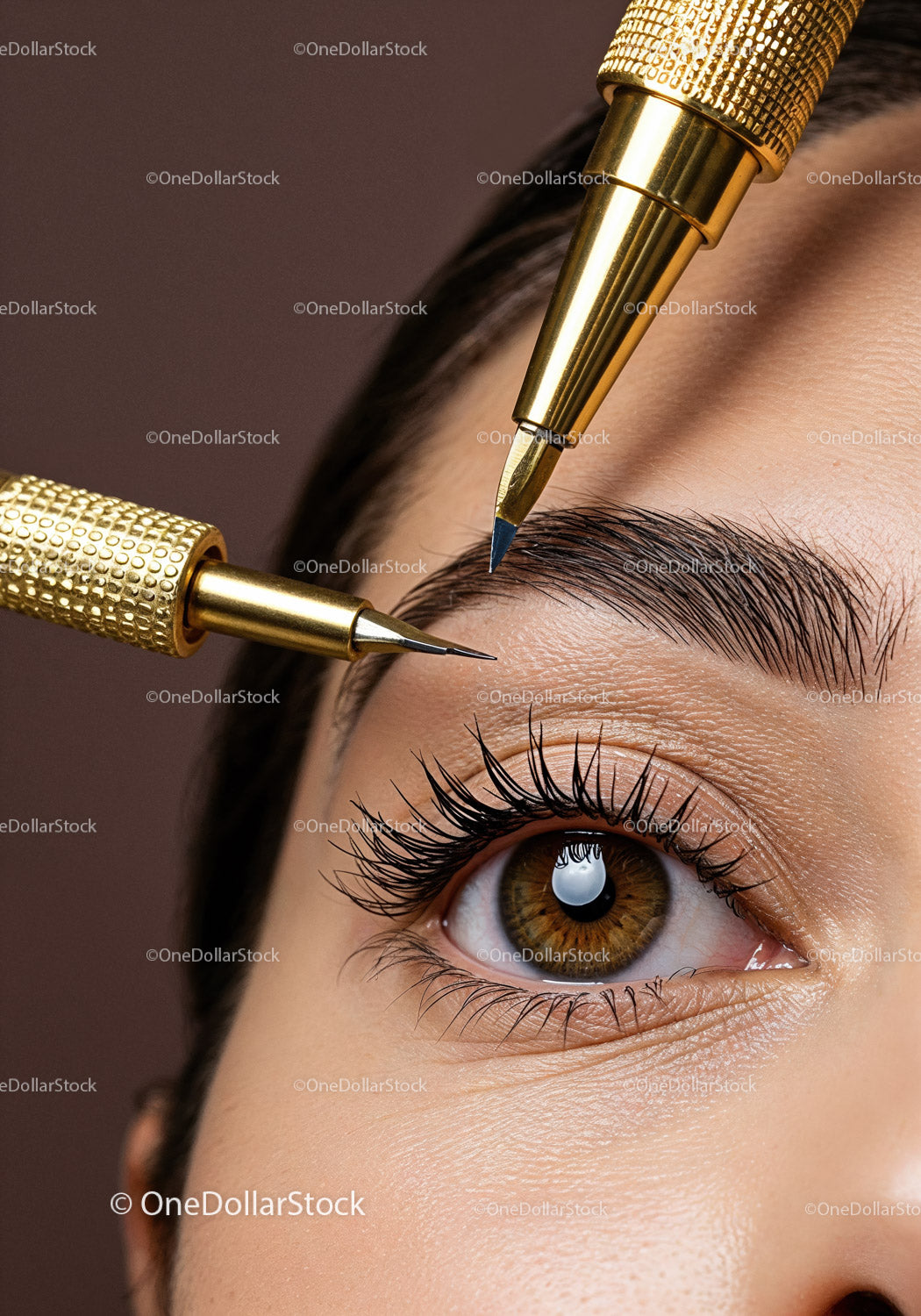 Close-Up of Eyebrow Treatment with Gold Cosmetic Tools for Perfect Brows