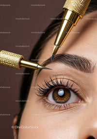 Close-Up of Eyebrow Treatment with Gold Cosmetic Tools for Perfect Brows
