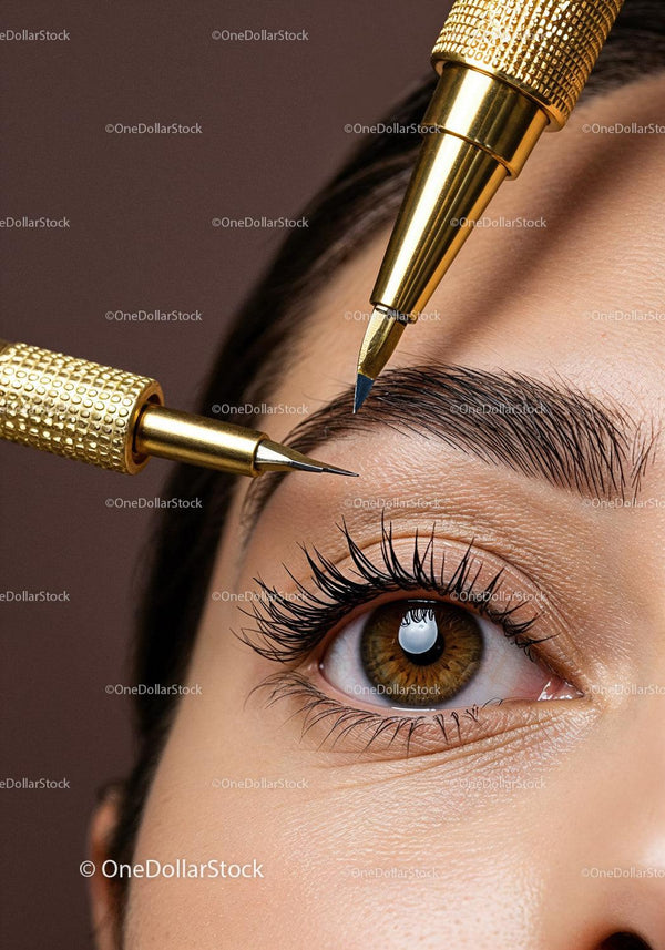 Close-Up of Eyebrow Treatment with Gold Cosmetic Tools for Perfect Brows